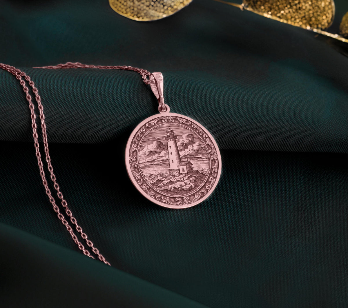 Lighthouse Coastal Beacon Medallion Pendant Necklaces 14K Rose 14K 14K Rose Gold Plated engraved landscape pendant necklace with circular frame and detailed scenery.