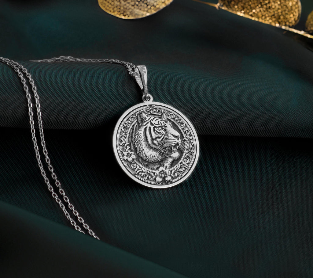 Sterling Silver Tiger Necklace showcasing a detailed medallion pendant. A timeless gift for women or animal lovers, this elegant piece symbolizes strength and luck. Perfect for daily wear.