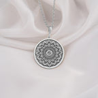 925 Sterling Silver Sacred Mandala Evil Eye Medallion showcasing intricate lotus petals with protective evil eye center and spiritual elements. Detailed protection coin pendant. Premium mandala jewelry symbolizing evil eye protection.
