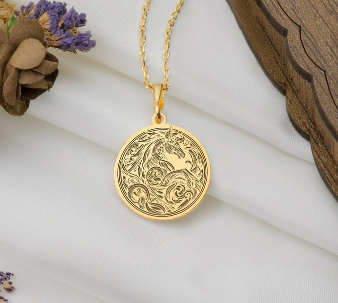 Line Art Horse Stallion Pendant Necklaces 14K 14K Gold Plated ornate swirling horse pendant necklace with detailed scrollwork design