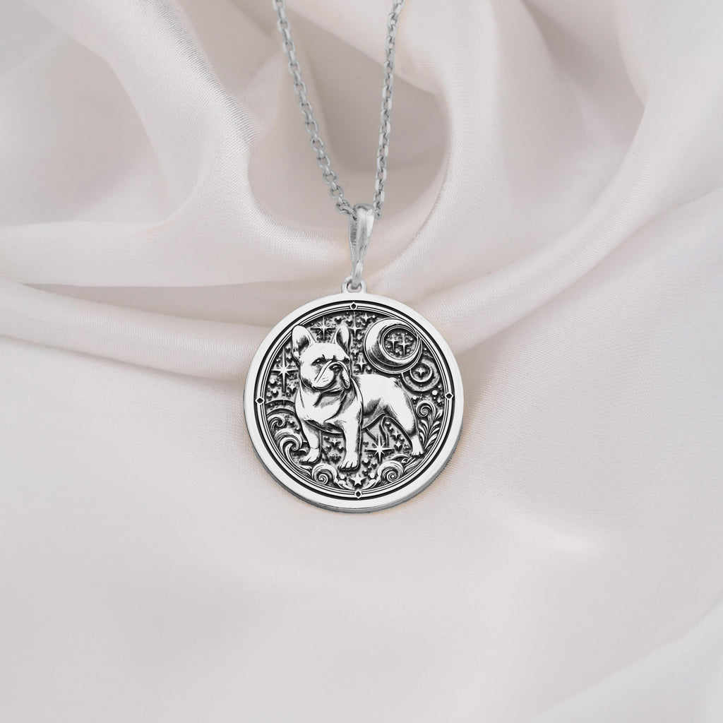 French Bulldog Spirit Animal Pendant Necklaces 925 925 Sterling Silver dog outline with scrollwork circular pendant necklace