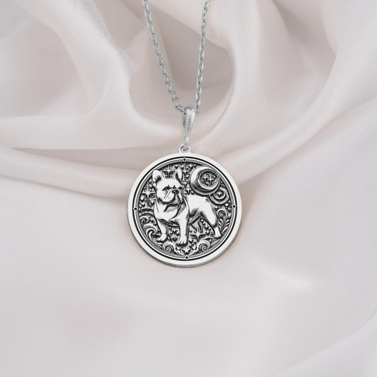 French Bulldog Spirit Animal Pendant Necklaces 925 925 Sterling Silver dog outline with scrollwork circular pendant necklace