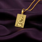 A rectangular 14K gold plated pendant necklace featuring a detailed laser engraving of a Sphynx cat queen in a Victorian ruff collar.