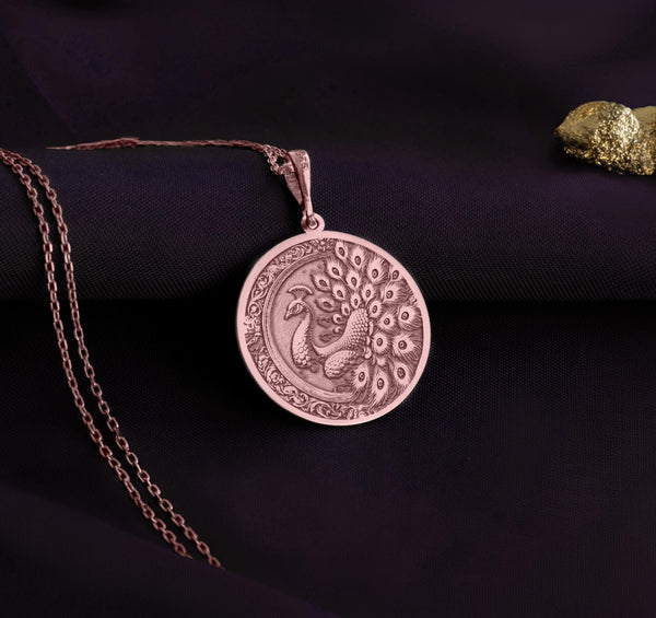 Rose gold peacock peafowl pendant necklace with delicate feather design. Unique rose gold jewelry for peacock enthusiasts, perfect for special occasions. Handmade rose gold necklace blending bold peacock symbolism with feminine elegance modern charm.