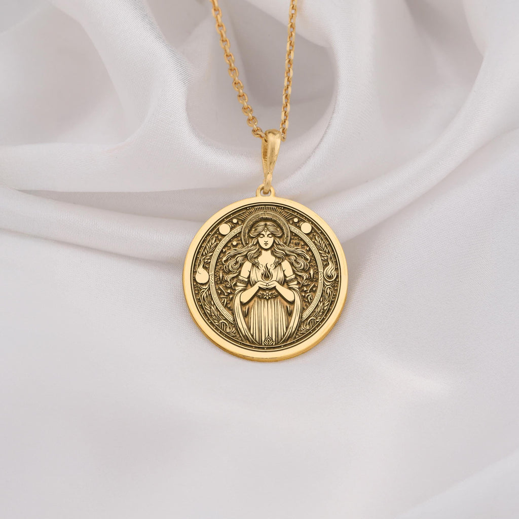 Hestia Goddess Medallion Necklaces 14K 14K Gold Plated pendant necklace featuring a classical female figure design on a round disc.