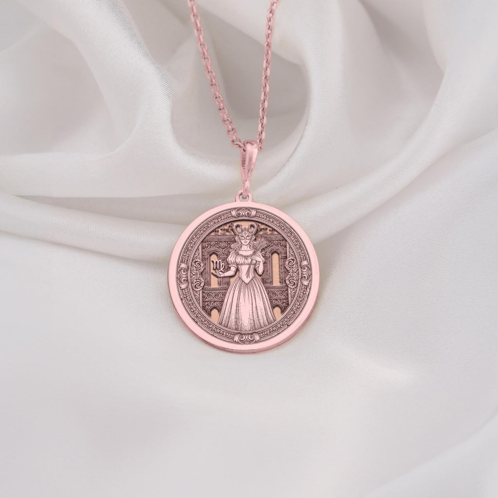 Virgo Woman Medallion featuring elegant maiden with wheat sheaf and Virgo constellation symbols surrounded by ornate celestial elements. Elegant astrology jewelry with detailed Virgo symbolism. Warm-toned zodiac talisman.