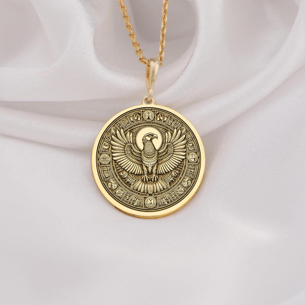 Horus Falcon Protection Pendant Necklaces 14K 14K Gold Plated pendant necklace featuring a round heraldic eagle design.