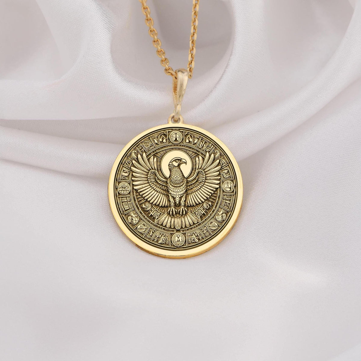 Horus Falcon Protection Pendant Necklaces 14K 14K Gold Plated pendant necklace featuring a round heraldic eagle design.
