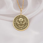 Horus Falcon Protection Pendant Necklaces 14K 14K Gold Plated pendant necklace featuring a round heraldic eagle design.