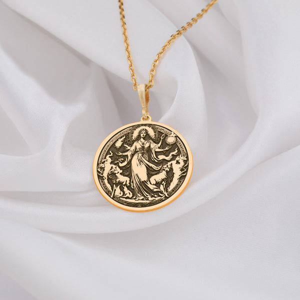 Gold Hecate charm pendant featuring the triple goddess symbol, embodying magic, wisdom, and transformation. This powerful amulet channels lunar energy, intuition, and divine protection, making it ideal for spiritual seekers, witches, and goddess worshippers. Inspired by ancient mythology, it represents crossroads, the moon, and mystical power. A meaningful gift for those drawn to esoteric knowledge, Wicca, and the divine feminine, enhancing connection to spiritual guidance and protection.