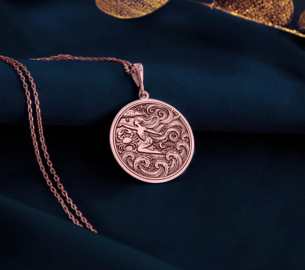 Rose Gold Plated Cancer Zodiac Necklace with celestial astrology details. A meaningful horoscope pendant, ideal for Cancer sign birthdays, astrology lovers, and celestial jewelry collectors. Unique gift for her.
