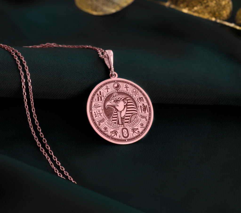 Rose Gold Eye of Horus Coin Pendant, mystical ancient Egypt amulet for protection and power, handmade dainty jewelry for women and men, available in rose gold, silver, and gold, disc medallion, perfect gift idea.