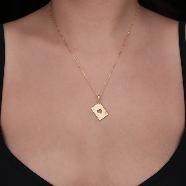 14K Gold & 925 Sterling Silver Ace of Hearts Charm Necklace,