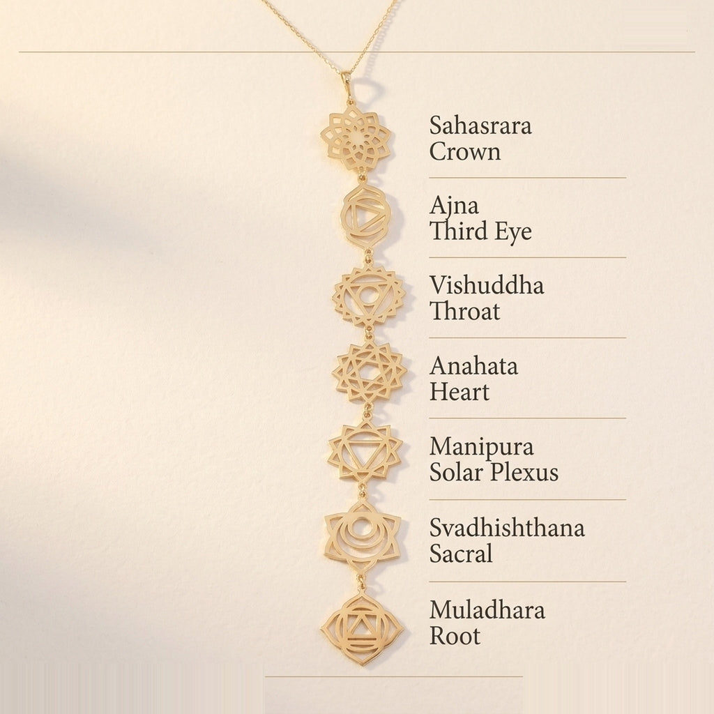 14K Solid Gold 7 Chakras Cascade Y-Lariat Drop Necklace - 14K Solid Gold