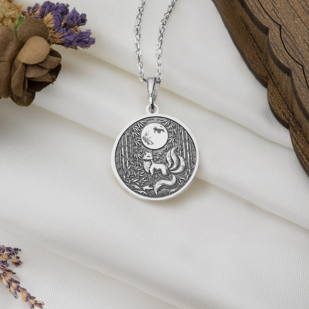Kitsune Fox Spirit Animal Charm Pendant Necklaces 925 925 Sterling Silver round pendant featuring a crescent moon and rabbit design necklace