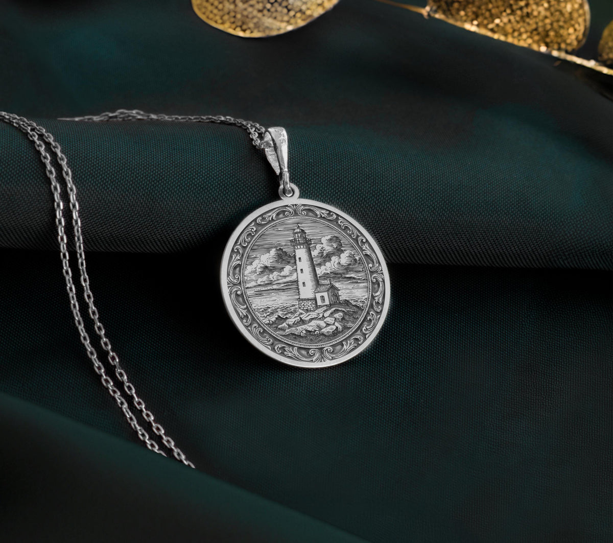 925 Sterling Silver Lighthouse Pendant with detailed coastal scene. Handcrafted silver coin charm featuring maritime beacon with ornate border and textured waves. Nautical jewelry celebrating guidance and stability for ocean enthusiasts.