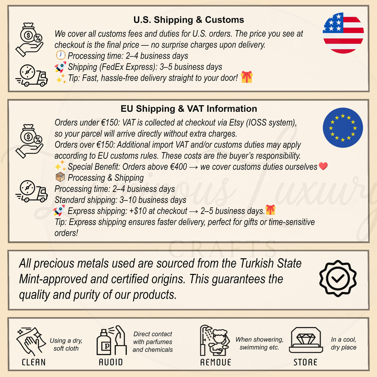 text and icons related to shipping and customs information, including details about U.S. shipping and customs, EU shipping and customs information, and the guarantee of using pure, Turkish-sourced metals.