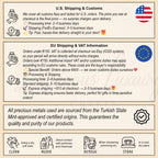 text and icons related to shipping and customs information, including details about U.S. shipping and customs, EU shipping and customs information, and the guarantee of using pure, Turkish-sourced metals.
