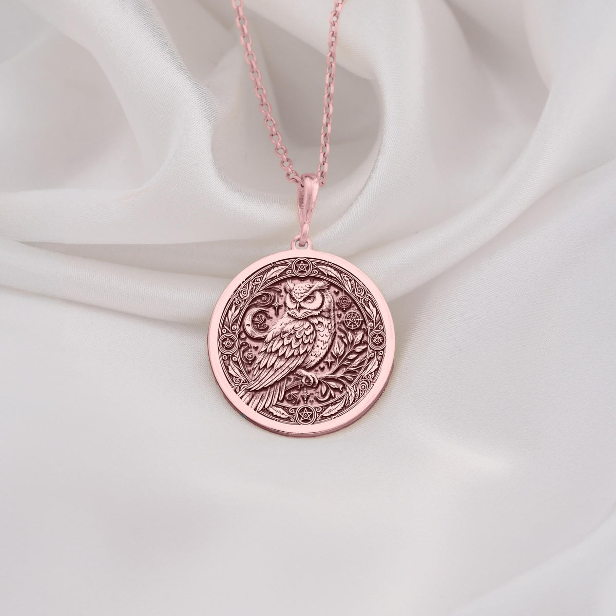 Rose Gold Plated Owl Pentagram Medallion featuring wisdom bird with magical symbols. Elegant occult jewelry with detailed feather work and sacred geometry. Warm-toned mystical talisman, perfect meaningful gift for spiritual practitioners.
