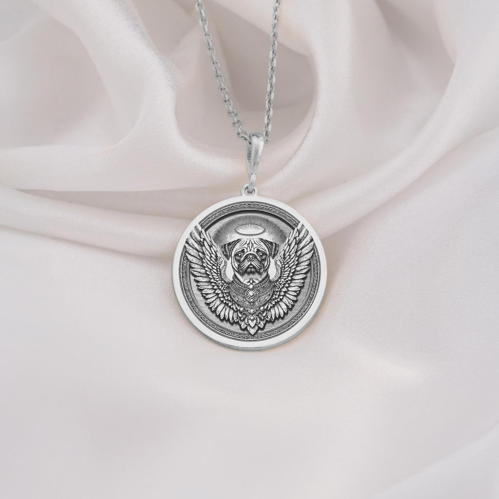 925 Sterling Silver Pug Angel Dog Medallion showcasing beloved small breed with angel wings and heavenly halo. Detailed memorial coin pendant with characteristic wrinkled face and compact features. Premium Pug loss jewelry symbolizing eternal love.