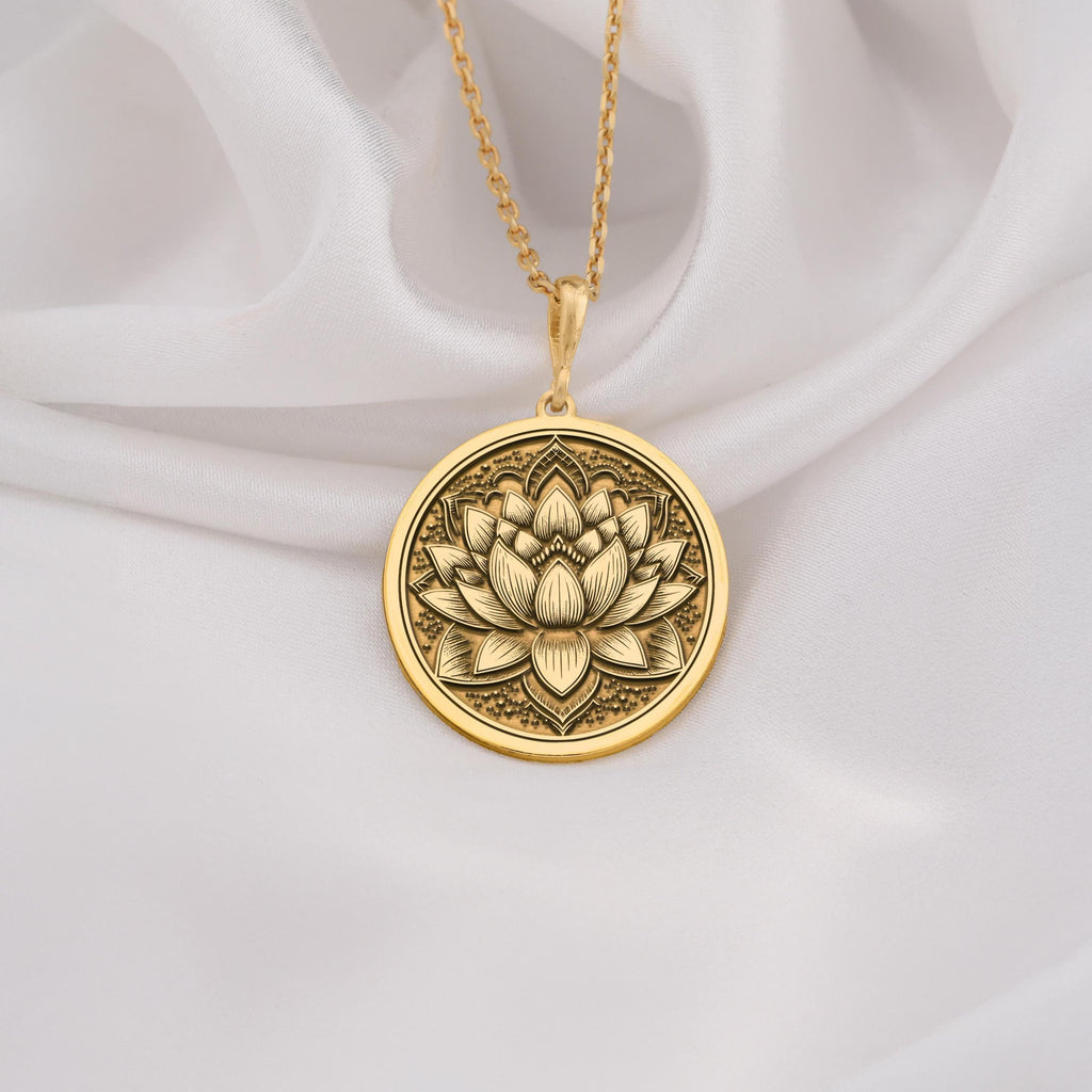 14K Gold Lotus Flower Necklace, a minimalist pendant symbolizing purity and growth. Perfect as a spiritual gift for women or yoga enthusiasts. Handcrafted with timeless design, ideal for weddings, anniversaries, and everyday wear.