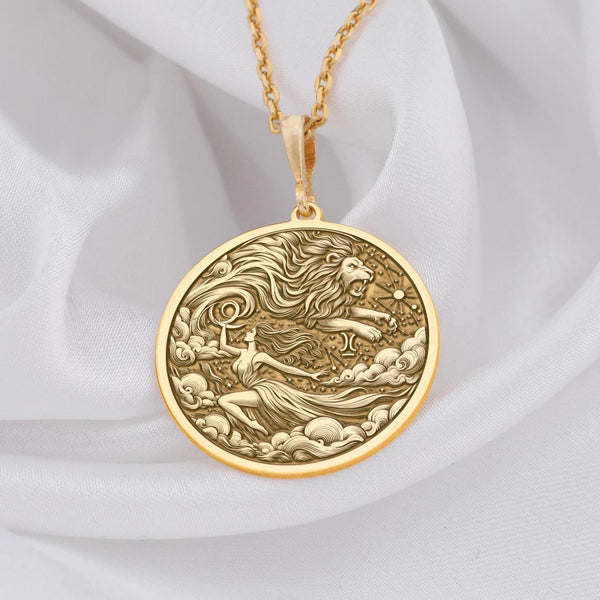 Leo Woman Pendant Elegant Zodiac Lion Necklace for Astrology Lovers, Personalized Leo Zodiac Charm Necklace in Gold Perfect Gift for Leo Women, Gold Lion Medallion Necklace for Leo Women Astrology and Horoscope Jewelry