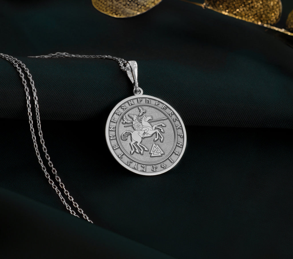 14K Solid Gold Odin Charm Necklace, Odin Silver Pendant, Rose Gold Odin Necklace, Celtic Jewelry, Wotan Medallion, Raven Talisman, Celt Gift