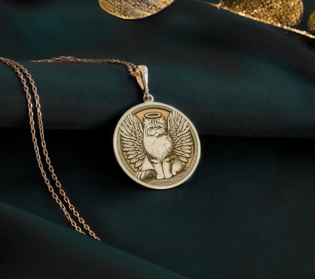 14K Gold Plated Persian Cat Angel Medallion with memorial symbolism. Detailed long-haired breed angel pendant with wings, halo and ornate border. Elegant rainbow bridge jewelry gift representing eternal bond with departed beloved Persian companion.