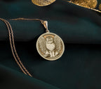 14K Gold Plated Persian Cat Angel Medallion with memorial symbolism. Detailed long-haired breed angel pendant with wings, halo and ornate border. Elegant rainbow bridge jewelry gift representing eternal bond with departed beloved Persian companion.