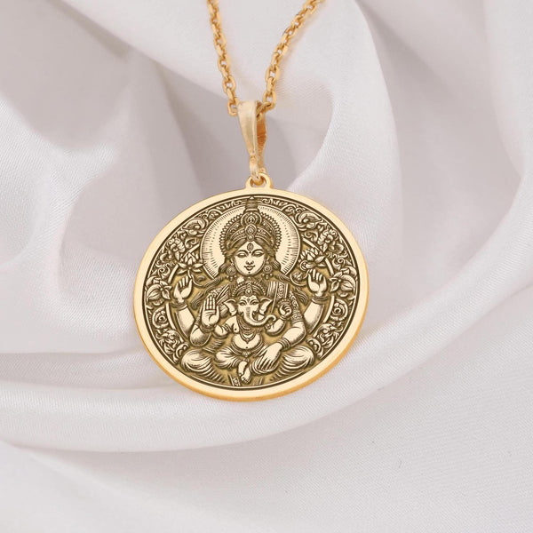 Solid gold Parvati dainty pendant necklace, parvati coin pendant necklace with a round medallion design, embodying the divine strength and love of the goddess. This amulet serves as a powerful talisman for spiritual protection,statement charm.