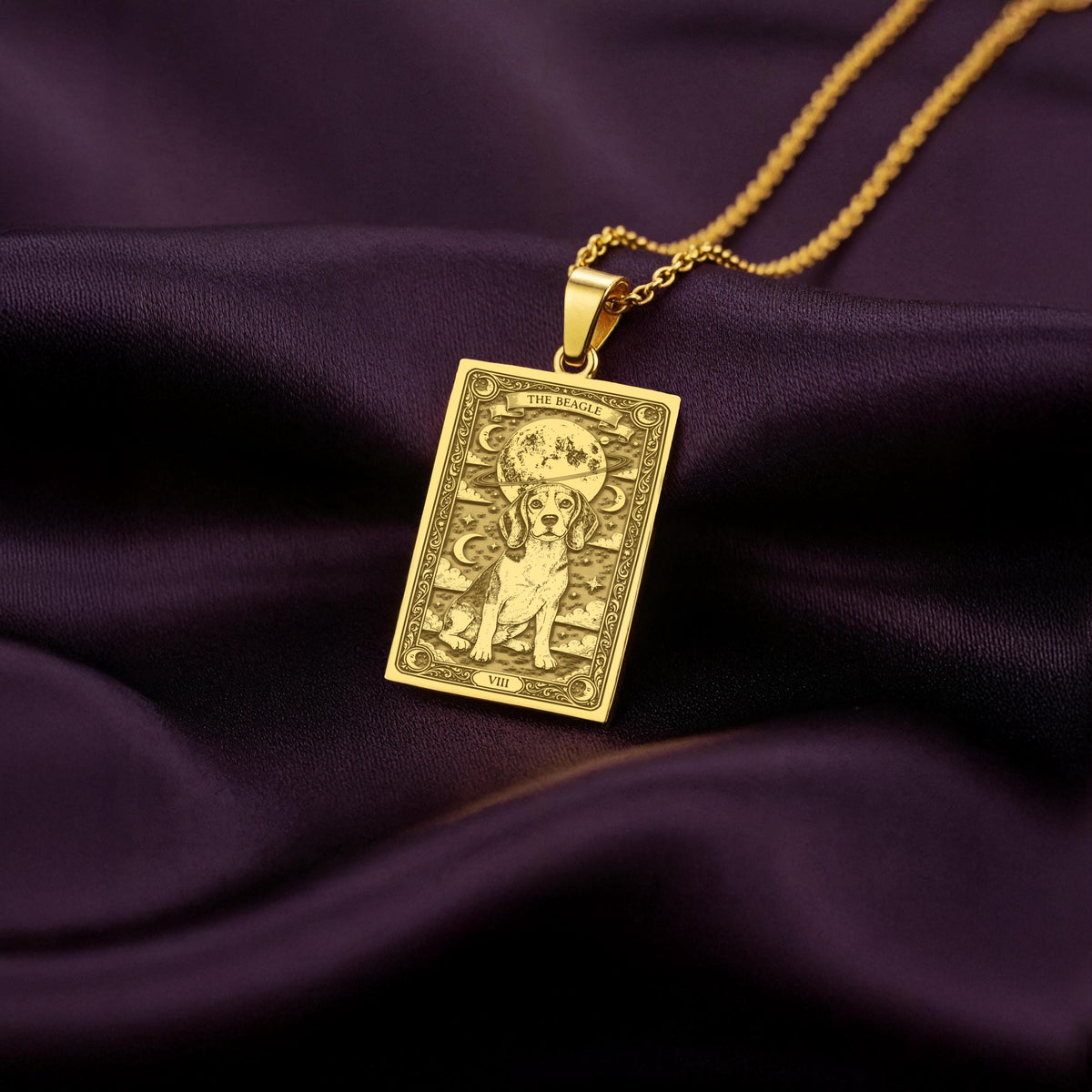 A polished 14K solid gold Beagle medallion. This fine pet jewelry represents the breed's joyful spirit, a perfect dog lover gift.