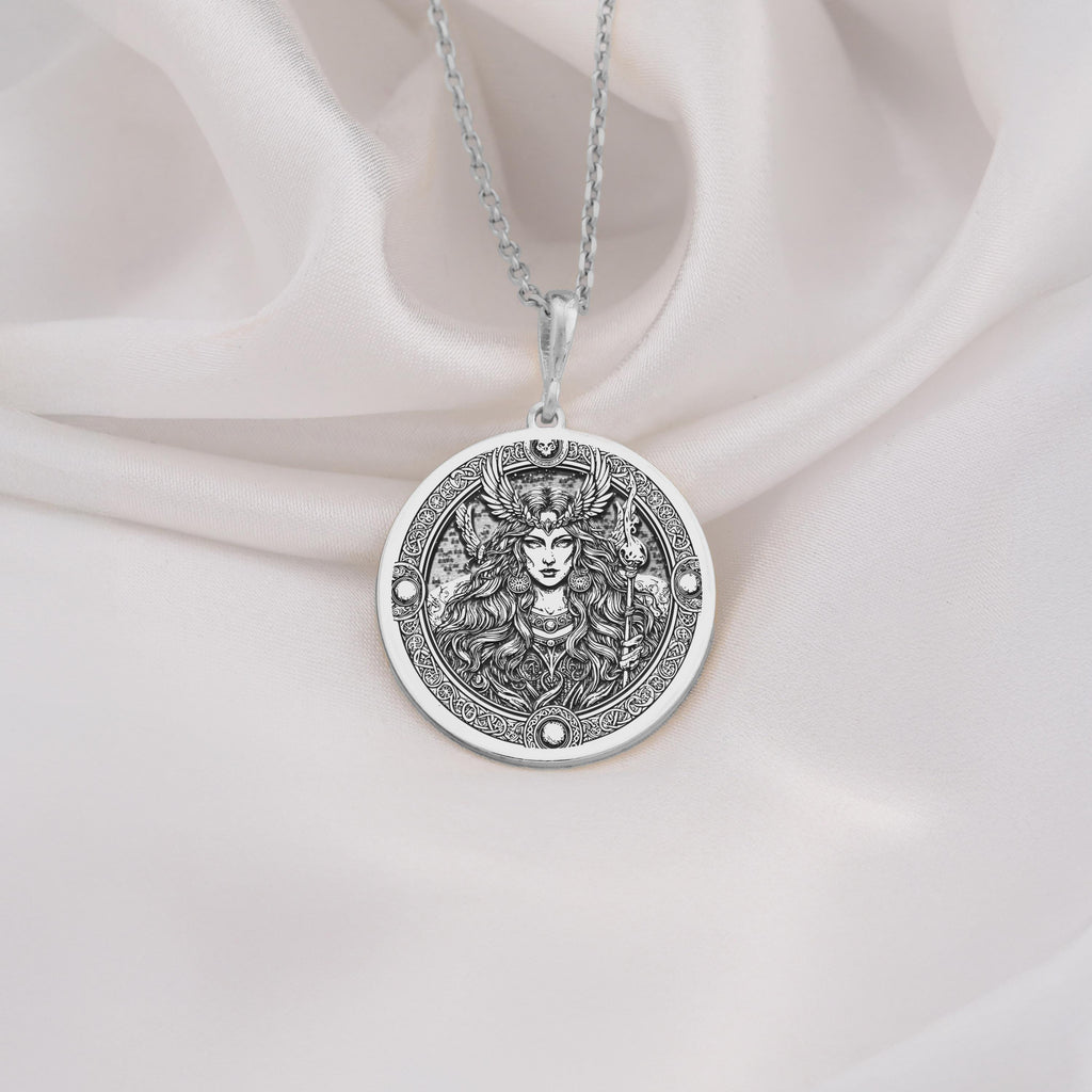 Freya Goddess Medallion Necklaces 925 925 Sterling Silver engraved portrait face pendant necklace with intricate scrollwork