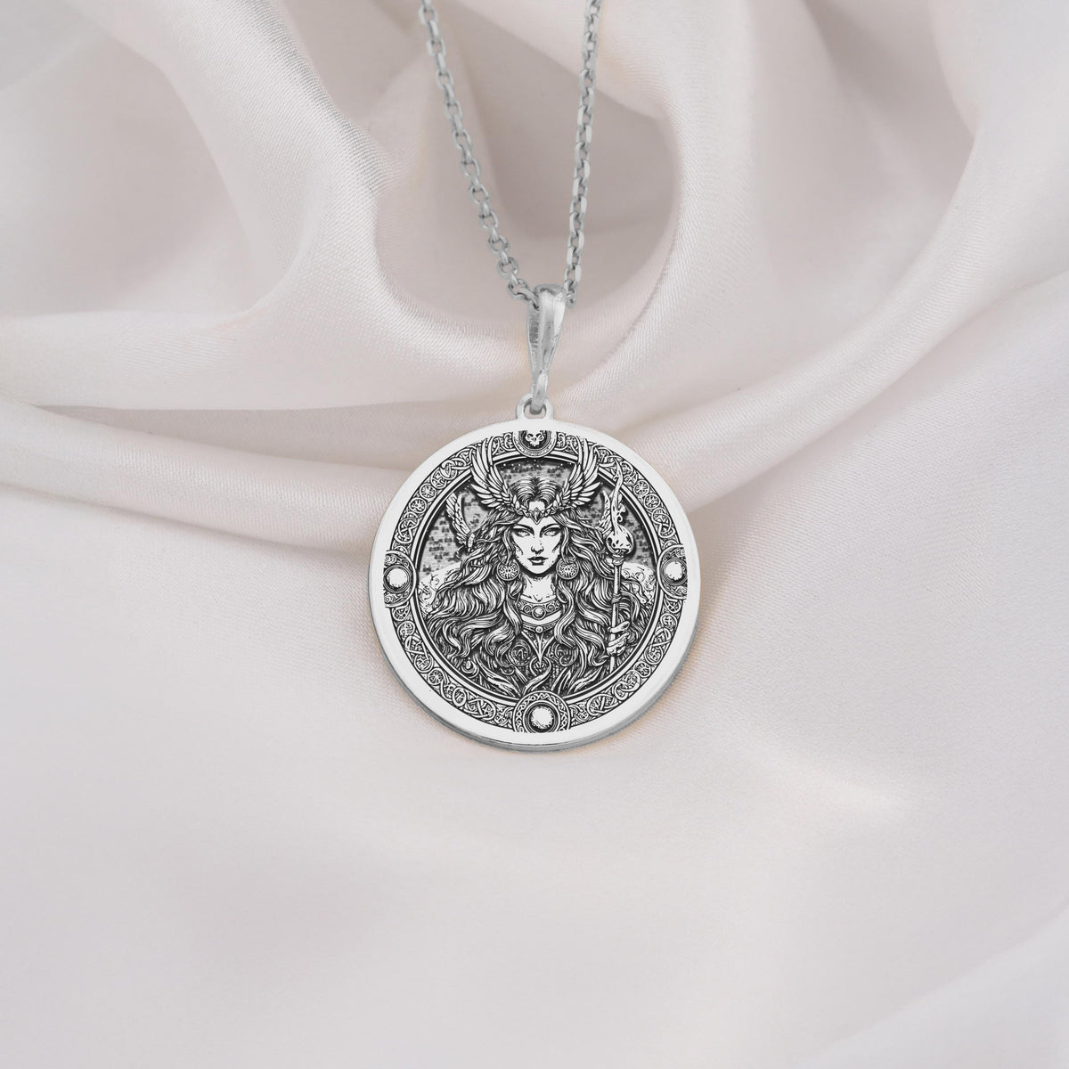Freya Goddess Medallion Necklaces 925 925 Sterling Silver engraved portrait face pendant necklace with intricate scrollwork
