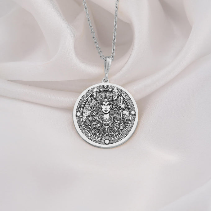 925 Sterling Silver Freya Norse Goddess Medallion showcasing Viking deity with winged headdress. Detailed pagan coin pendant with flowing hair and mystical symbols. Premium Nordic jewelry symbolizing feminine power and warrior spirit.