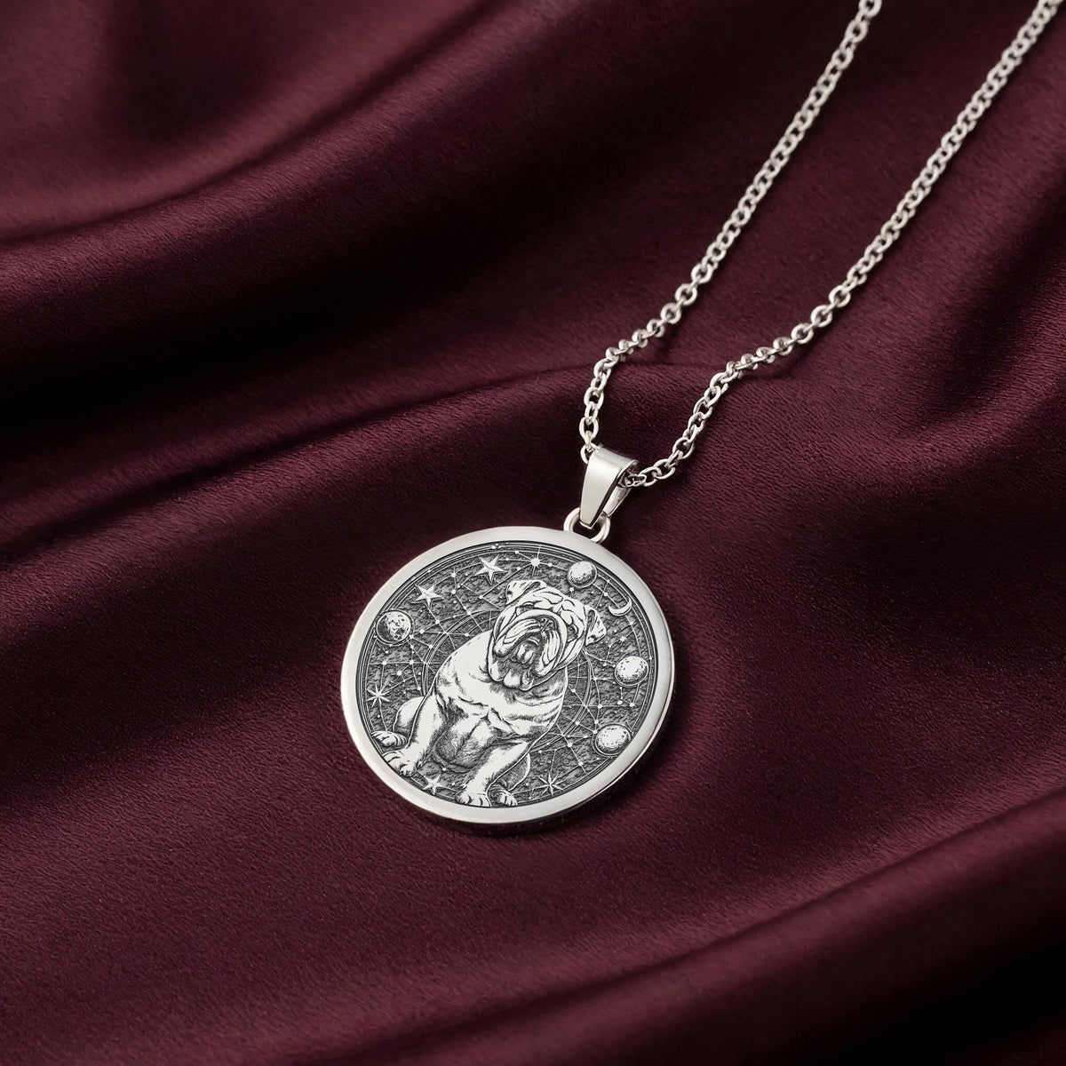Celestial English Bulldog Medallion Pendants 925 925 Sterling Silver dog portrait pendant necklace with intricate circular design.