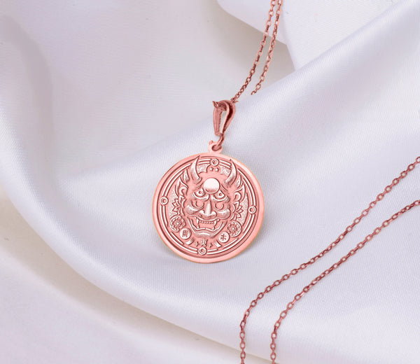 14K Solid Gold Oni Mask Charm Pendant, Japanese Demon Necklace, Silver Oni Charm Necklace, Japanese Pendant for Men, Japanese Jewelry Gift