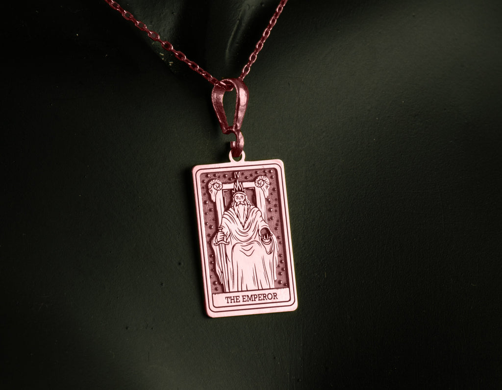 Emperor Tarot Major Arcana Pendant Necklaces 14K Rose 14K 14K Rose Gold Plated rectangular pendant featuring an emperor figure design and text necklace