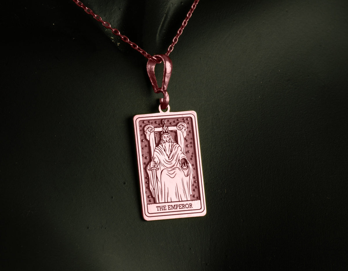 Emperor Tarot Major Arcana Pendant Necklaces 14K Rose 14K 14K Rose Gold Plated rectangular pendant featuring an emperor figure design and text necklace