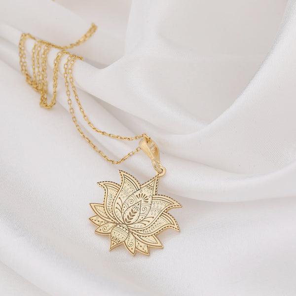 14K Solid Gold Lotus Necklace, Sacred Lotus, Silver Lotus Pendant, Zen Necklace Gold, Minimalist Lotus, Dainty Floral Necklace