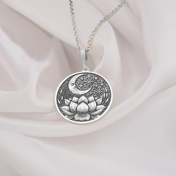 Silver Lotus Crescent Moon Necklace, handmade and personalized spiritual jewelry for women. Minimalist boho style with celestial charm. Perfect gift for yoga lovers, birthdays, anniversaries, or everyday wear.