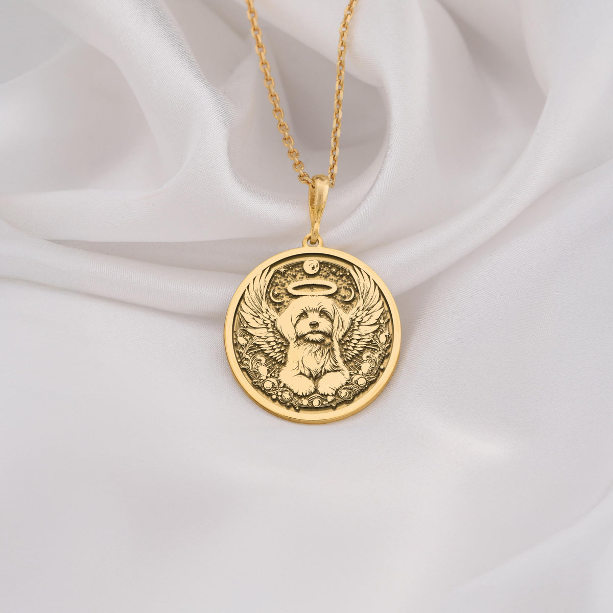 14K Solid Gold Maltese Angel Dog Medallion featuring beloved small breed with heavenly wings and halo. memorial talisman with fluffy white coat, celestial clouds and peaceful expression. Maltese memorial jewelry gift symbolizing eternal love.