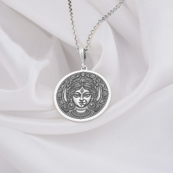 Silver Durga charm necklace, Shakti pendant, Parvati amulet, Kali-inspired charm, boho style, Hindu goddess symbol, spiritual protection, handcrafted, unique gift, feminine layering, resilience, lightweight, versatile, daily wear.