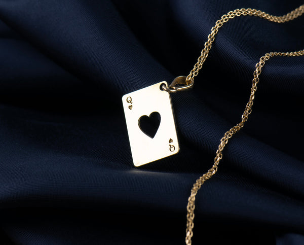 queen of heart gold pendant necklace, gifts for her, gifts for queens, gifts for valentines, real gold playing card charm, queen gold card pendant necklace