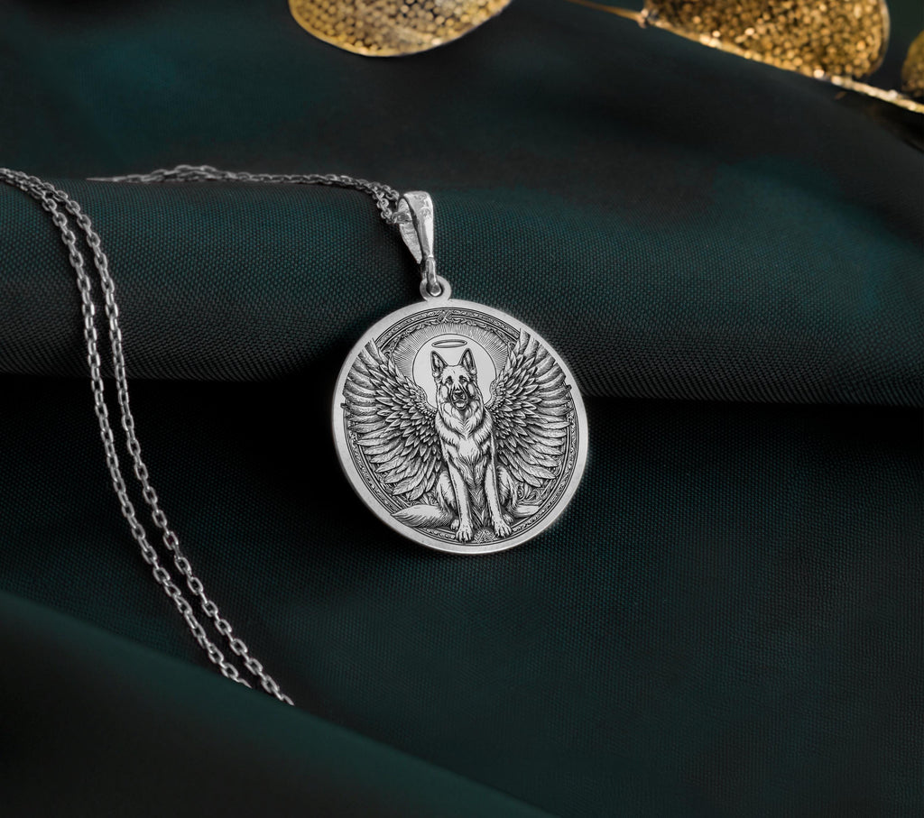 Sterling Silver German Shepherd Angel Pendant with detailed memorial design. Handcrafted silver coin charm featuring beloved working breed with wings, halo and radiant elements. Rainbow bridge jewelry celebrating eternal bond with GSD companions.