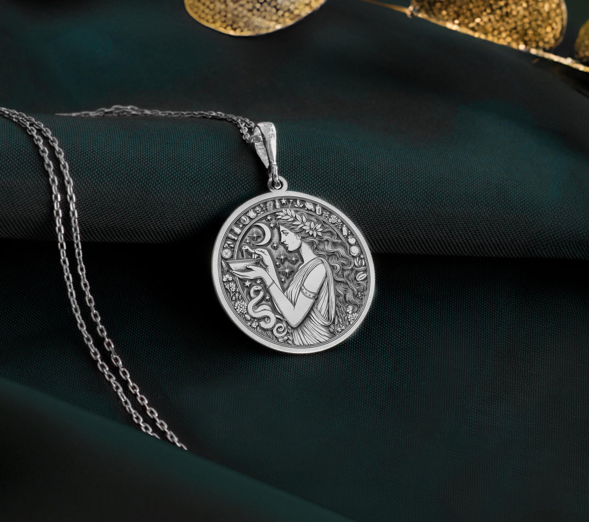 Hygieia Goddess Necklace Necklaces 925 925 Sterling Silver pendant necklace featuring an engraved classical female figure surrounded by floral wreath.