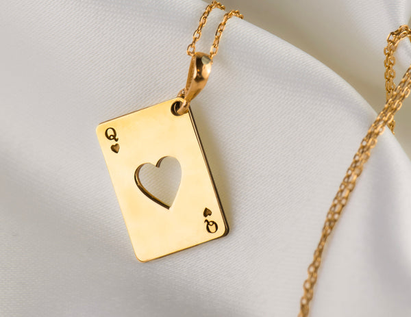 queen of heart gold pendant necklace, gifts for her, gifts for queens, gifts for valentines, real gold playing card charm, queen gold card pendant necklace