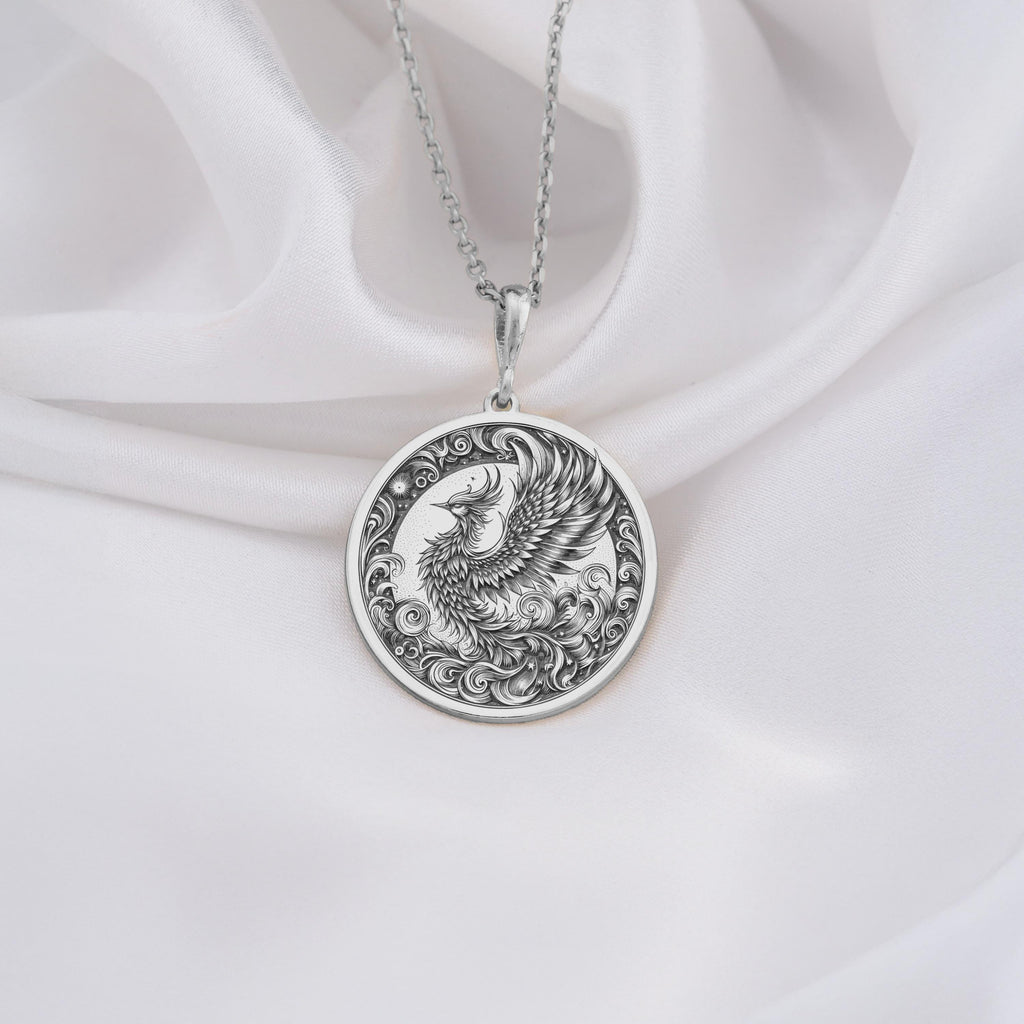 Silver Phoenix Necklace, Phoenix Pendant Silver, Rebirth Symbol Jewelry, Phoenix Rising Charm, Sterling Silver Phoenix, Spiritual Phoenix Jewelry, Mythical Bird Pendant, Silver Phoenix Amulet, Phoenix Medallion, Sacred Phoenix Necklace, Phoenix Totem