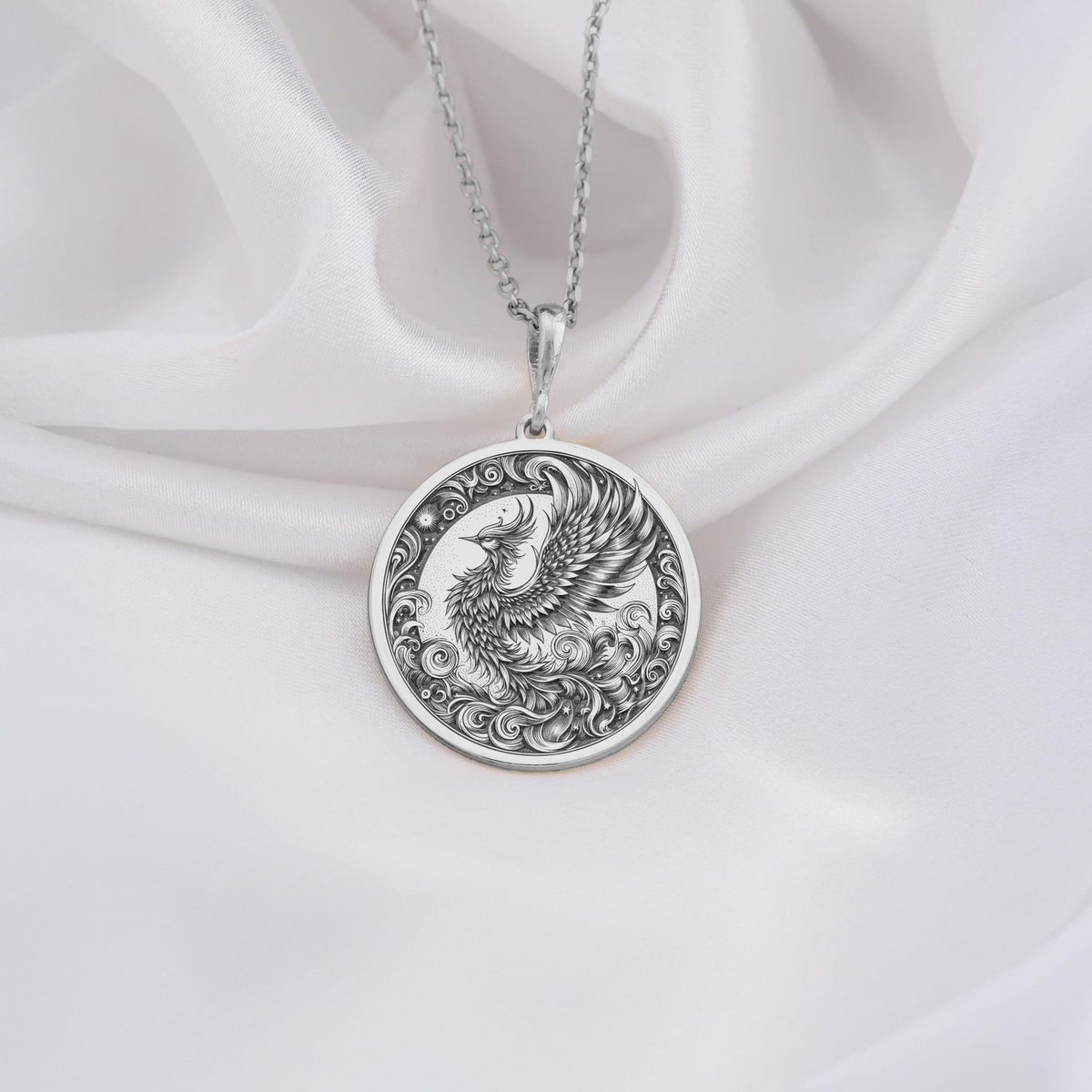 Silver Phoenix Necklace, Phoenix Pendant Silver, Rebirth Symbol Jewelry, Phoenix Rising Charm, Sterling Silver Phoenix, Spiritual Phoenix Jewelry, Mythical Bird Pendant, Silver Phoenix Amulet, Phoenix Medallion, Sacred Phoenix Necklace, Phoenix Totem