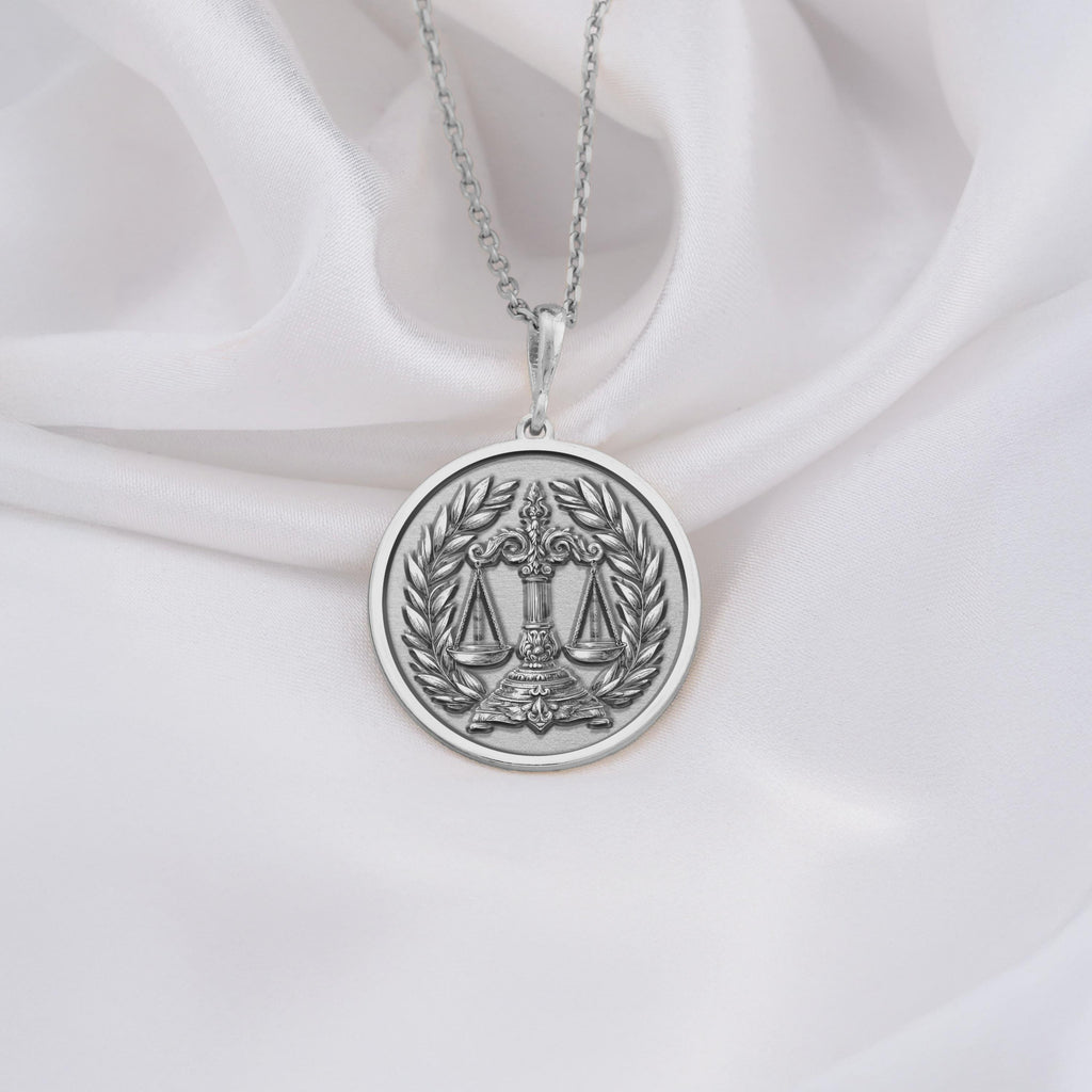 silver Scales of Justice Necklace, personalized with initials or date. Ideal lawyer gift, symbolizes justice, balance, law, equality. Perfect for judges, advocates, law graduates, and Libra zodiac