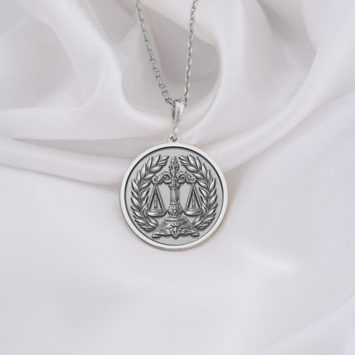 silver Scales of Justice Necklace, personalized with initials or date. Ideal lawyer gift, symbolizes justice, balance, law, equality. Perfect for judges, advocates, law graduates, and Libra zodiac